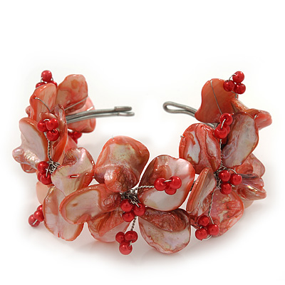 Light Coral Floral Shell & Simulated Pearl Cuff Bracelet In Silver Plating - Adjustable - main view