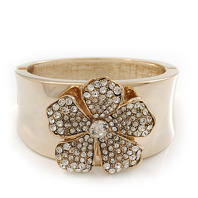 Statement Crystal 'Flower' Hinged Bangle Bracelet In Gold Plating - 18cm Length - main view