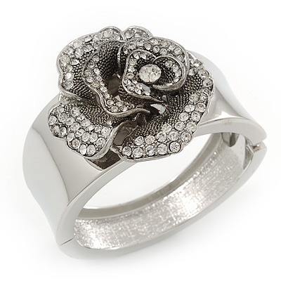 Statement Crystal 'Rose' Hinged Bangle Bracelet In Silver Plating - 18cm Length - main view