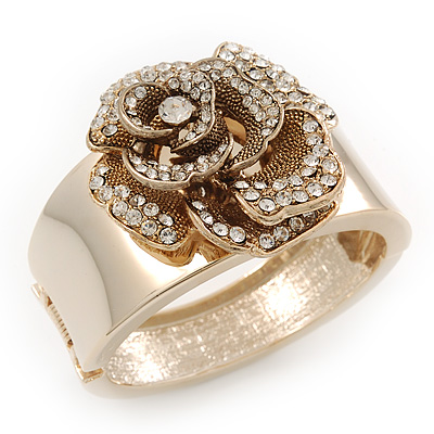Statement Crystal 'Rose' Hinged Bangle Bracelet In Gold Plating - 18cm Length - main view