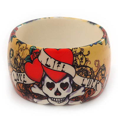 Wide Chunky Acrylic 'Skull&Heart' Bangle Bracelet - up to 20cm wrist - main view
