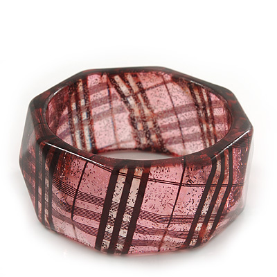 Glittering Faceted Resin 'Tartan Pattern' Bangle Bracelet In Pink/Black - 20cm Length - main view