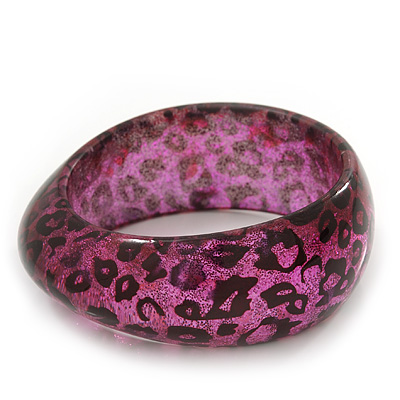 Black/Magenta 'Animal Print' Glittering Resin Bangle Bracelet - up to 18cm wrist - main view