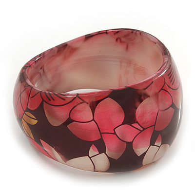 Chunky Resin Floral Bangle Bracelet In Black/Pink/Gold - 20cm Length - main view