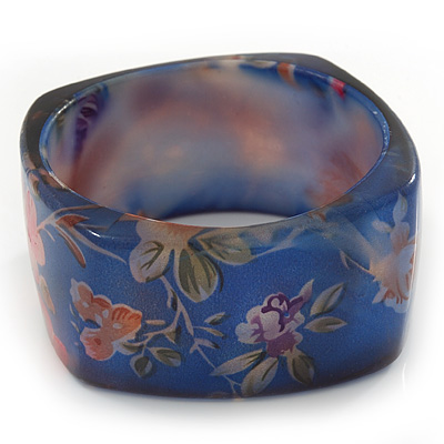 Chunky Blue Resin 'Floral Print' Square Bangle Bracelet - up to 21cm wrist - main view