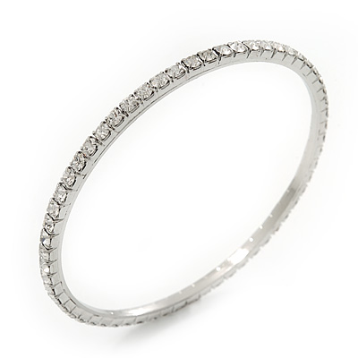 Slim Crystal Slip-On Bangle Bracelet In Silver Plating - up to 18cm Length - main view