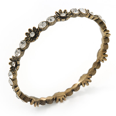 Slim Burn Gold Clear Crystal Floral Bangle Bracelet - up to 21cm Length - main view