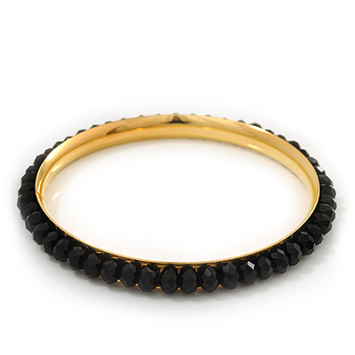 Slim Black Glass Bangle Bracelet In Gold Plating - up to 18cm Length - main view