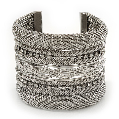 Wide Mesh Crystal Cuff Bangle In Silver Plating - 6cm Width - main view