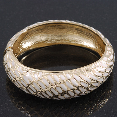 Gold Plated Snake Print White Enamel Hinged Bangle Bracelet - 18cm Length - main view