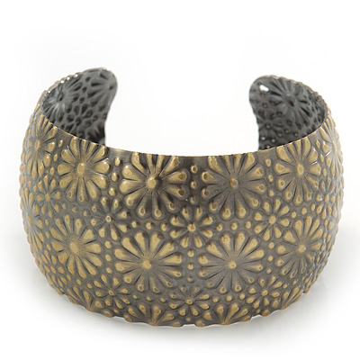 Brushed Gun Metal 'Daisy Droplets' Silhouette Cuff Bracelet - up to 18cm Length - main view