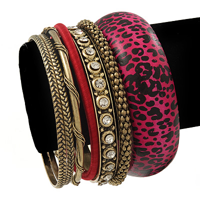 Antique Gold Metal & Magenta Animal Print Wood Bangle Set of 7 - 18cm Length