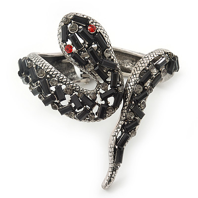 Vintage Burn Silver Black/Dim Grey Glass/Crystal Bead 'Snake' Hinged Bangle - 18cm Length - main view