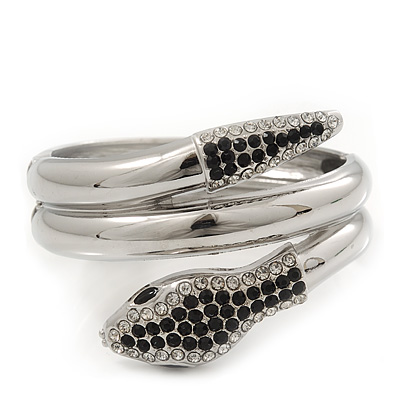 Black/Clear Swarovski Crystal 'Snake' Hinged Bangle Bracelet In Rhodium Plating - 19cm Length - main view