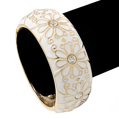 White Enamel 'Daisy' Hinged Bangle Bracelet In Gold Plating - 19cm Length - main view