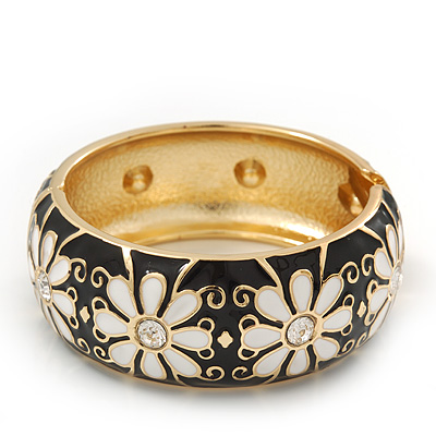 Black/White Enamel 'Daisy' Hinged Bangle Bracelet In Gold Plating - 19cm Length - main view