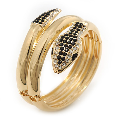 Black/Clear Swarovski Crystal 'Snake' Hinged Bangle Bracelet In Gold Plating - 19cm Length - main view