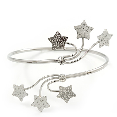 Silver Plated Textured Diamante 'Stars' Armlet Upper Arm Cuff Bracelet - Adjustable - main view
