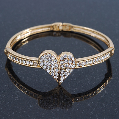 Clear Diamante 'Heart' Bracelet In Gold Plating - 17cm Length - main view