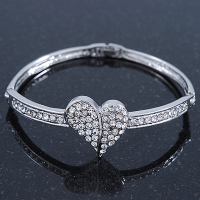 Clear Diamante 'Heart' Bracelet In Rhodium Plating - 17cm Length - main view