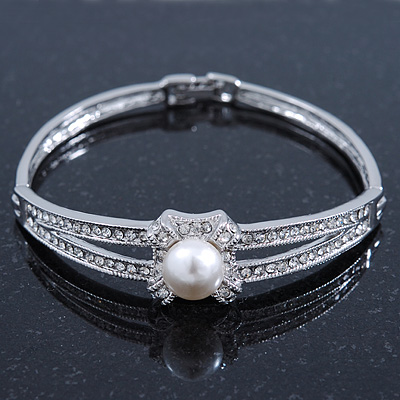 Classic Crystal, Simulated Pearl Bracelet In Rhodium Plating - Up to 17cm Length - main view