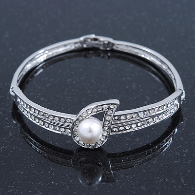 Stylish Crystal, Simulated Pearl 'Teardorp' Bracelet In Rhodium Plating - up to 17cm Length - main view
