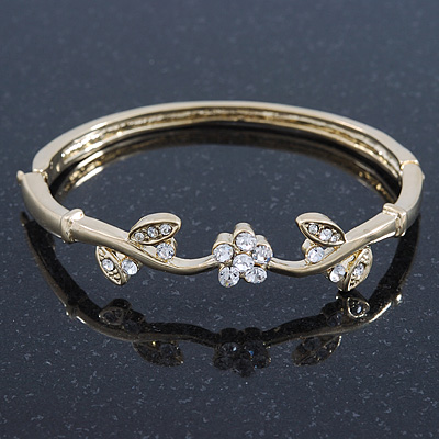 Delicate Gold Plated Crystal Floral Bangle Bracelet - 19cm Length - main view
