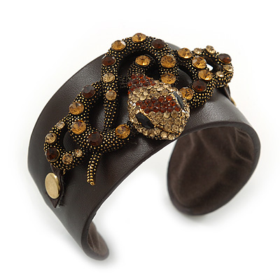 Crystal Coiled Snake Dark Brown Leather Flex Cuff Bracelet - Adjustable - main view