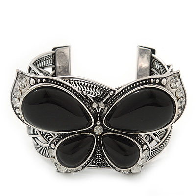 Large Black Ceramic 'Butterfly' Cuff Bracelet In Silver Plating - main view