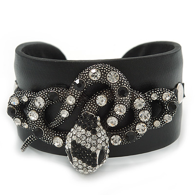 Crystal Coiled Snake Black Leather Flex Cuff Bracelet - Adjustable