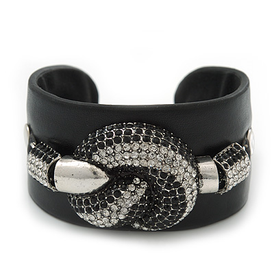 Jet Black/ Clear Swarovski Crystal 'Knot' Black Leather Flex Cuff Bracelet - Adjustable - main view