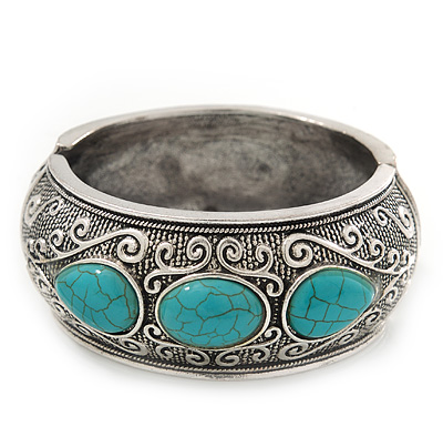 Chunky Burn Silver Effect Turquoise Stone Hammered Hinged Bangle - up to 19cm wrist - main view