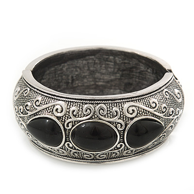 Burn Silver Effect Black Ceramic Stone Hammered Hinged Bangle - up to 19cm wrist - main view