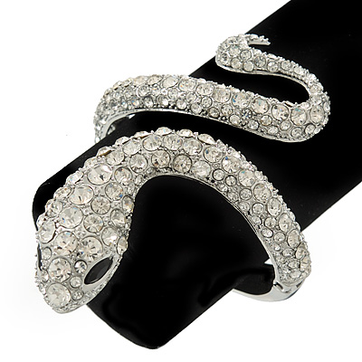 Stunning Swarovski Crystal Coiled Snake Hinged Bangle Bracelet In Rhodium Plating - 18cm Length - main view