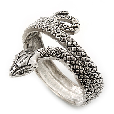 Burn Silver Vintage Inspired Textured Coiled Snake Hinged Bangle Bracelet - 18cm Length - main view
