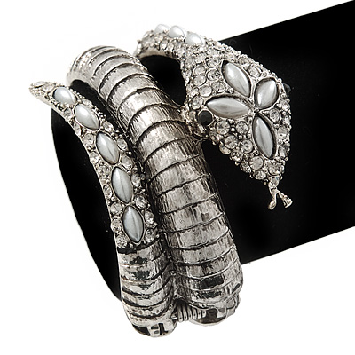 Vintage Inspired Simulated Pearl, Crystal Coiled Snake Hinged Bangle Bracelet In Burn Silver Metal - 19cm Length - main view