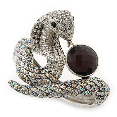 Vintage Inspired AB/ Clear Swarovski Crystal Cobra Snake Hinged Bangle Bracelet In Burn Silver Metal - 18cm Length - main view