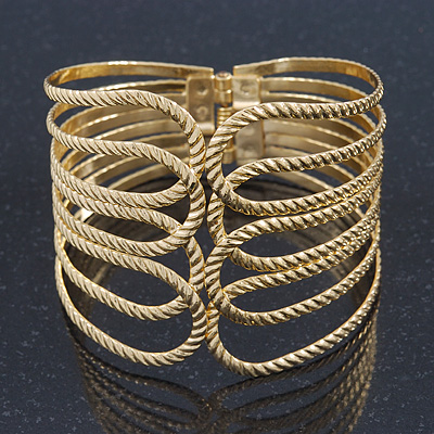 Wide Gold Plated Textured Egyptian Style Hinged Bangle Bracelet - 19cm Length - main view