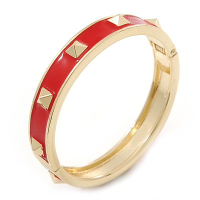 Red Enamel Square Pyramid Stud Hinged Bangle Bracelet In Gold Plating - 19cm Length - main view