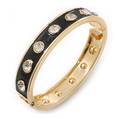 Black Enamel Crystal Hinged Bangle Bracelet In Gold Plating - 19cm Length - main view