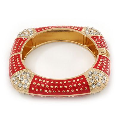 Statement Square Red Enamel Crystal Hinged Bangle Bracelet In Gold Plating - 17cm Length - main view