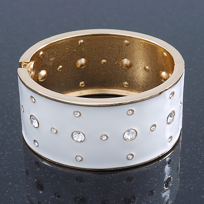 Snow White Enamel Crystal Hinged Bangle In Gold Plating - 18cm Length - main view