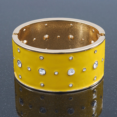 Bright Yellow Enamel Crystal Hinged Bangle In Gold Plating - 18cm Length - main view