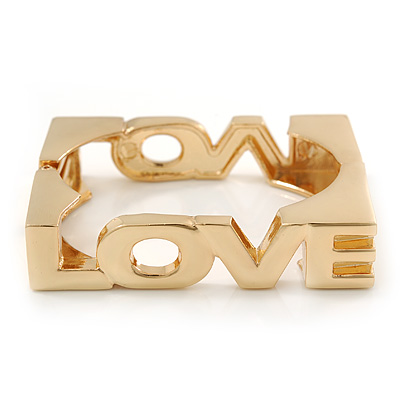 Statement Square Polished Gold Tone 'LOVE' Hinged Bangle Bracelet - 18cm Length - main view