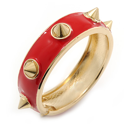 Red Enamel Spike Hinged Bangle Bracelet In Gold Plating - 19cm Length - main view