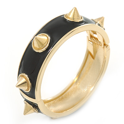 Black Enamel Spike Hinged Bangle Bracelet In Gold Plating - 19cm Length - main view