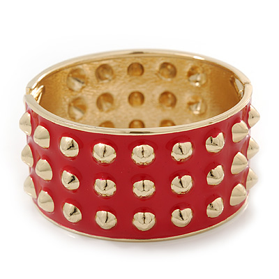 Chunky Bright Red Enamel Spiked Hinged Bangle In Gold Plating - 19cm Length