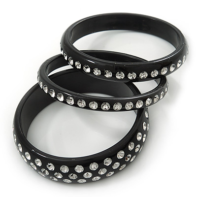 Set Of 3 Black Acrylic Slip-On Bangles With Silver Foil Detailing - 18cm Length - main view