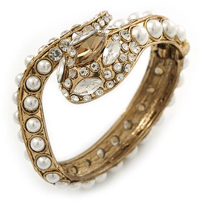 Vintage Inspired Imitation Pearl, Austrian Crystal Snake Hinged Bangle In Gold Tone - 19cm L - main view