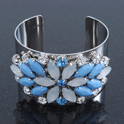 Rhodium Plated Light Blue/ Milky White Acrylic Bead, Crystal Floral Cuff Bangle - up to 19cm Length - main view
